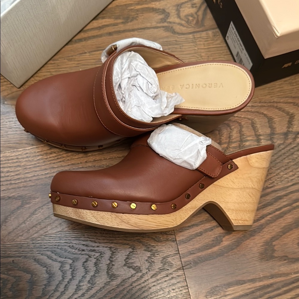 Veronica Beard Brown Leather Mules with Wooden Heel